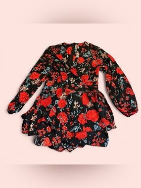 Black Floral Long-Sleeve Romper with Red Rose Print